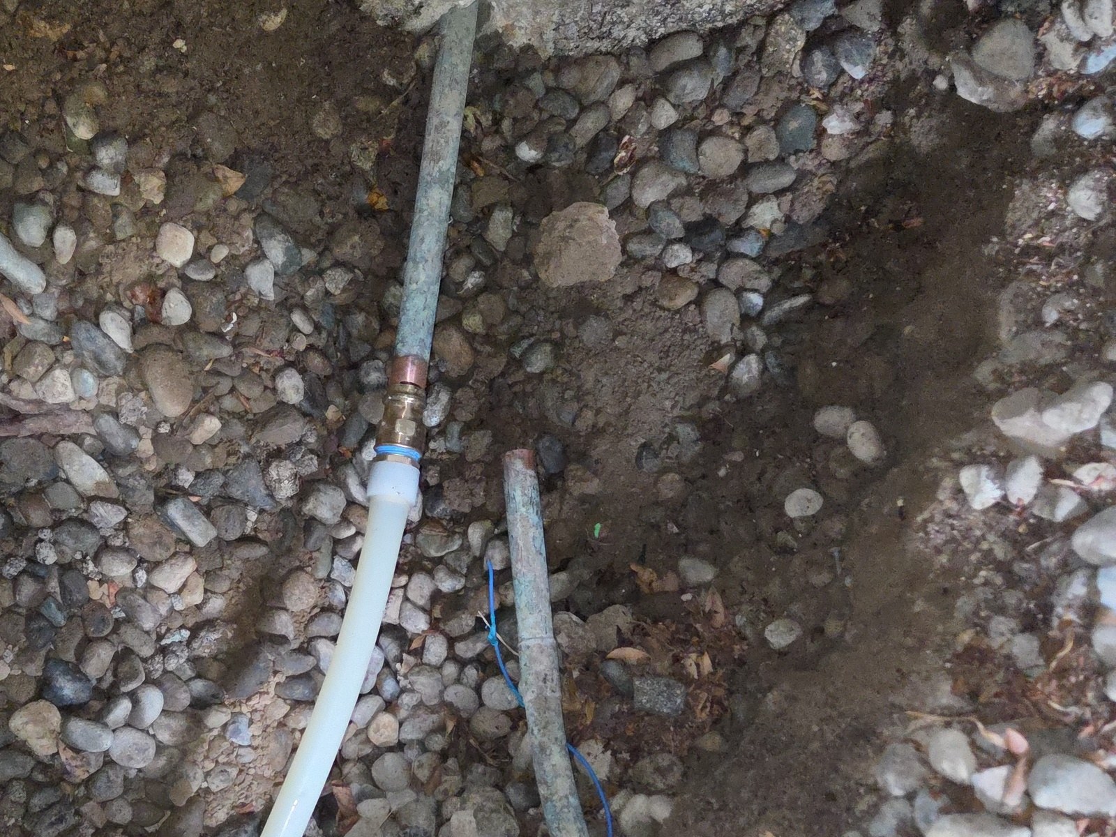 White plastic water pipe joined by a brass coupling to a gray pipe in a pit lined with river rock, with a thin blue wire beside an older pipe at right
