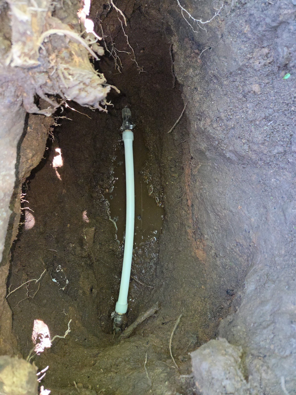 A narrow hand-dug pit in dark soil exposing a short new section of white water service line joined at both ends with stainless clamps, with green tracer wire visible at the edge